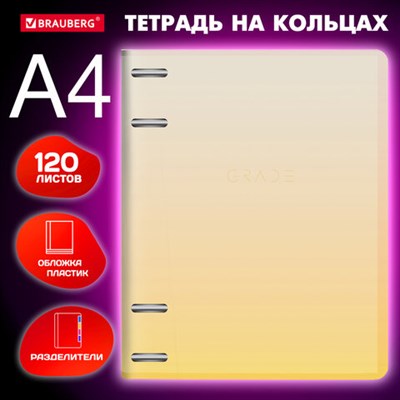 Тетрадь на кольцах БОЛЬШАЯ 305х235 мм А4, 120 л., пластик, с разделителями, BRAUBERG, Желтый, 404624 404624