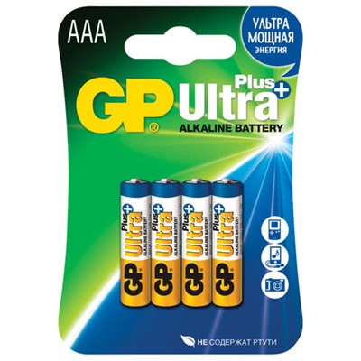Батарейки КОМПЛЕКТ 4 шт., GP Ultra Plus G-Tech, AAA (LR03), алкалиновые, мизинчиковые, 24AUPA21-2CRSB4 454094