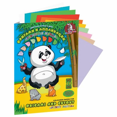 Цветная бумага А4 для аппликаций и оригами, 10 л., 10 цв., 80 г/м2, в папке, "Панда", 210х297 мм, ПО-9180 115633