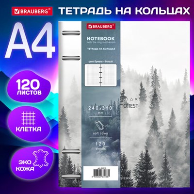 Тетрадь на кольцах БОЛЬШАЯ А4 (240х310 мм), 120 л., под кожу, BRAUBERG VISTA, "Туман", 404515 404515