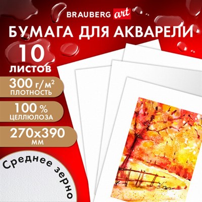 Бумага для акварели 300 г, 270x390 мм, среднее зерно, 10 листов, BRAUBERG ART PREMIERE, 115335 115335