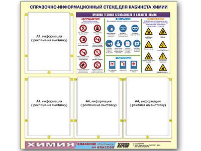 Стенд информационный ЭДУСТЕНД "Правила техники безопасности в кабинете химии" (80х75, 4 кармана) 9768ED - фото 51507798