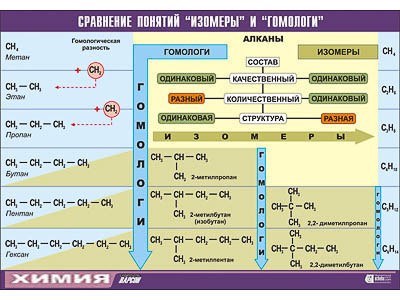 Таблица демонстрационная "Сравнение понятий изомер и гомолог" (винил 100х140) 9218ED - фото 51508023
