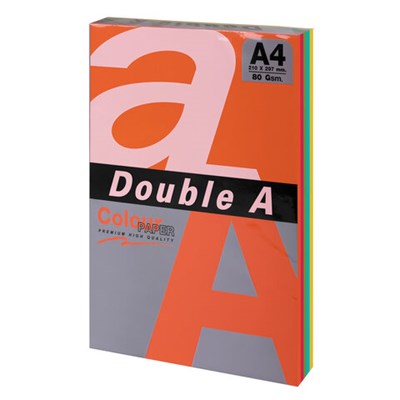 Бумага цветная DOUBLE A, А4, 80 г/м2, 100 л., 5 цветов x 20 л., микс интенсив 115122 - фото 51546884