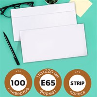Конверты Е65 (110х220 мм), отрывная лента, внутренняя запечатка, КОМПЛЕКТ 100 шт., BRAUBERG, 112193 112193