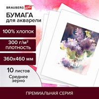 Бумага для акварели ХЛОПОК 100%, 300 г/м2, 360x460 мм, среднее зерно, 10 листов, BRAUBERG ART "PREMIERE", 113226 113226