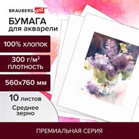 Бумага для акварели ХЛОПОК 100%, 300 г/м2, 560x760 мм, среднее зерно, 10 листов, BRAUBERG ART "PREMIERE", 113236 113236