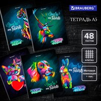 Тетрадь А5, 48 л., BRAUBERG, скоба, клетка, матовая ламинация, выборочный лак, "Animals Pop-Art" (микс в спайке), 404374 404374