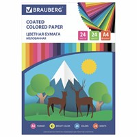 Цветная бумага, А4, мелованная, 24 листа, 24 цвета, на скобе, BRAUBERG, 200х280 мм, "Природа", 111329