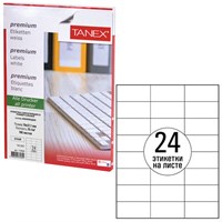 Этикетка самоклеящаяся 70х37,1 мм, 24 этикетки, белая, 70 г/м2, 100 листов, TANEX, сырье Финляндия, 114548, TW-2037 114548