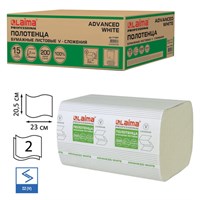 Полотенца бумажные 200 шт., LAIMA (H3) ADVANCED WHITE, 2-слойные, белые, КОМПЛЕКТ 15 пачек, 23х20,5, V-сложение, 111341 111341