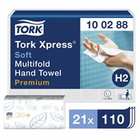 Полотенца бумажные 110 штук, TORK (Система H2) Premium, КОМПЛЕКТ 21 штука, 2-слойные, белые, 21х34, Interfold, 100288 100288