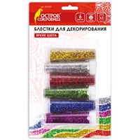 Блестки (глиттер) для декора, поделок, DIY, творчества, оформления, ОСТРОВ СОКРОВИЩ, НАБОР, 6 цветов по 6,5 грамм, блистер, 661550 661550