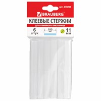 Клеевые стержни, диаметр 11 мм, длина 100 мм, белые, комплект 6 штук, BRAUBERG, европодвес, 670298 670298