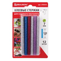 Клеевые стержни, диаметр 7 мм, длина 100 мм, цветные (ассорти), С БЛЕСТКАМИ, КОМПЛЕКТ 12 шт., 6 цветов, BRAUBERG, 670319 670319