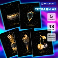 Тетради ДЭК А5 48 л. КОМПЛЕКТ 5 шт. BRAUBERG, клетка, матовая ламинация, фольга, "Black&Gold", 404677 404677