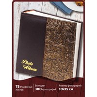 Фотоальбом BRAUBERG на 300 фото 10х15 см, под кожу, бумажные страницы, бокс, коричневый + золото, 391118 391118