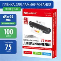 Пленки-заготовки для ламинирования МАЛОГО ФОРМАТА (65х95 мм), КОМПЛЕКТ 100 штук, 75 мкм, BRAUBERG, 531791 531791