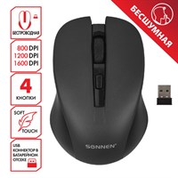 Мышь беспроводная с бесшумным кликом SONNEN V18, USB, 800/1200/1600 dpi, 4 кнопки, черная, 513514 513514