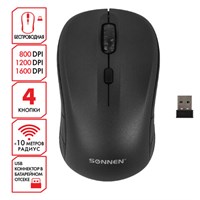 Мышь беспроводная SONNEN V-111, USB, 800/1200/1600 dpi, 4 кнопки, оптическая, черная, 513518 513518
