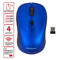 Мышь беспроводная SONNEN V-111, USB, 800/1200/1600 dpi, 4 кнопки, оптическая, синяя, 513519 513519