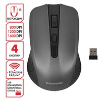 Мышь беспроводная SONNEN V99, USB, 1000/1200/1600 dpi, 4 кнопки, оптическая, серая, 513528 513528