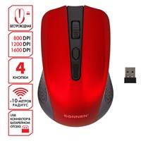 Мышь беспроводная SONNEN V99, USB, 1000/1200/1600 dpi, 4 кнопки, оптическая, красная, 513529 513529