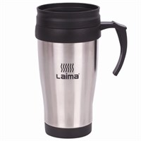 Автокружка 400 мл, термостакан с ручкой, винтовая крышка-клапан, пластик/сталь, серебро, LAIMA, 605126 605126