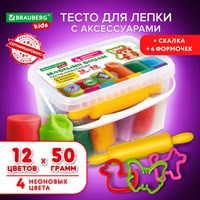 Пластилин-тесто для лепки BRAUBERG KIDS, 12 цветов., 600 г, 6 формочек, 1 скалка, ведерко, 106721 106721