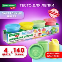 Пластилин-тесто для лепки BRAUBERG KIDS, 4 цвета, 560 г, пастельные цвета, крышки-штампики, 106717 106717