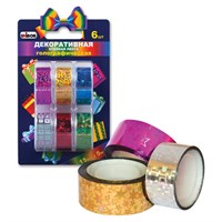 Клейкие ленты 15 мм х 5 м, декоративные голографические, UNIBOB, комплект 6 шт., ассорти, 51717 224046