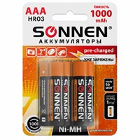 Батарейки аккумуляторные Ni-Mh мизинчиковые КОМПЛЕКТ 6 шт., AAA (HR03) 1000 mAh, SONNEN, 455611 455611
