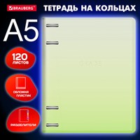 Тетрадь на кольцах А5 175х220 мм, 120 л., пластик, с разделителями, BRAUBERG, Зеленый, 404629 404629